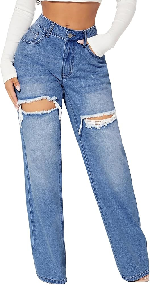 Womens Distressed Straight Leg Jeans High Waisted Wide Leg Baggy Jeans Boyfriend Casual Denim Pan... | Amazon (US)
