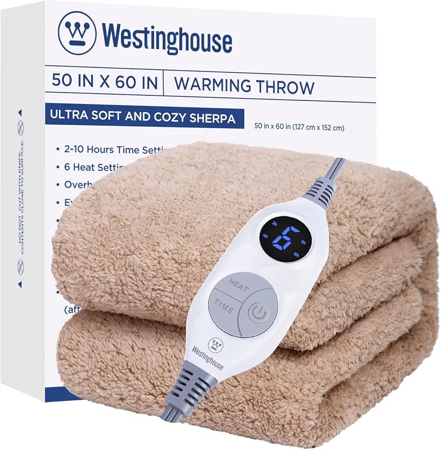 Westinghouse Electric Blanket Throw Size, Soft Plush Sherpa Heated Blanket with 6 Heating Levels ... | Amazon (US)