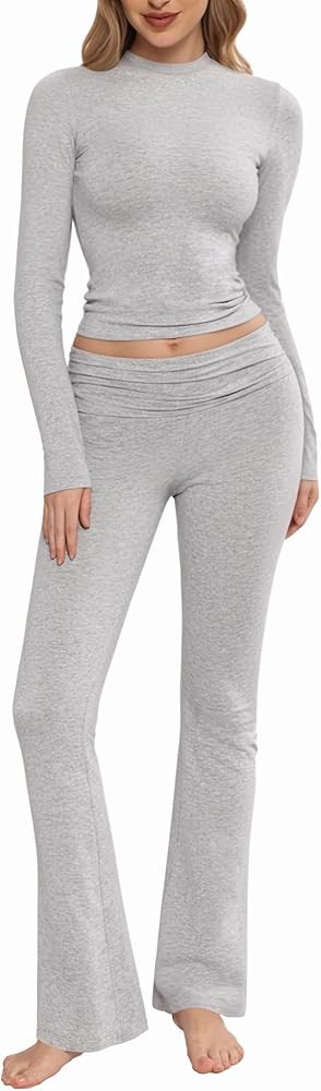 MANGOPOP 2 Piece Lounge Sets for Women Fold Over Flare Pants Long Sleeve Shirts Casual Outfits | Amazon (US)