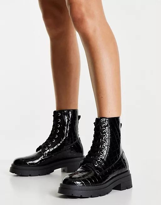 Topshop Kali lace up boot in black croc | ASOS (Global)