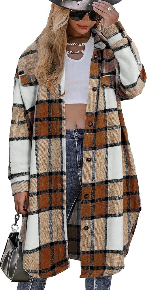 Amegoya Women's Casual Plaid Lapel Shacket Jacket Wool Blend Button Up Shirt Loose Oversize Coat | Amazon (US)