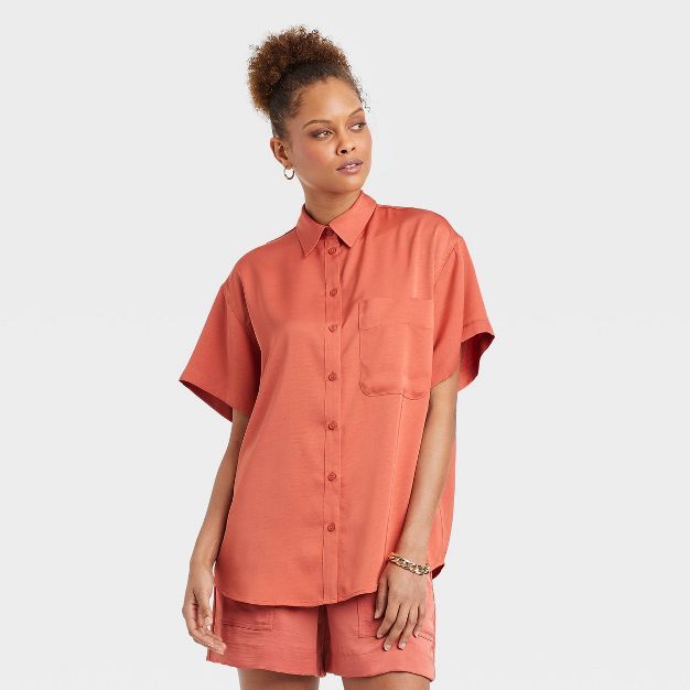 Women's Short Sleeve Satin Button-Down Shirt - A New Day™ | Target