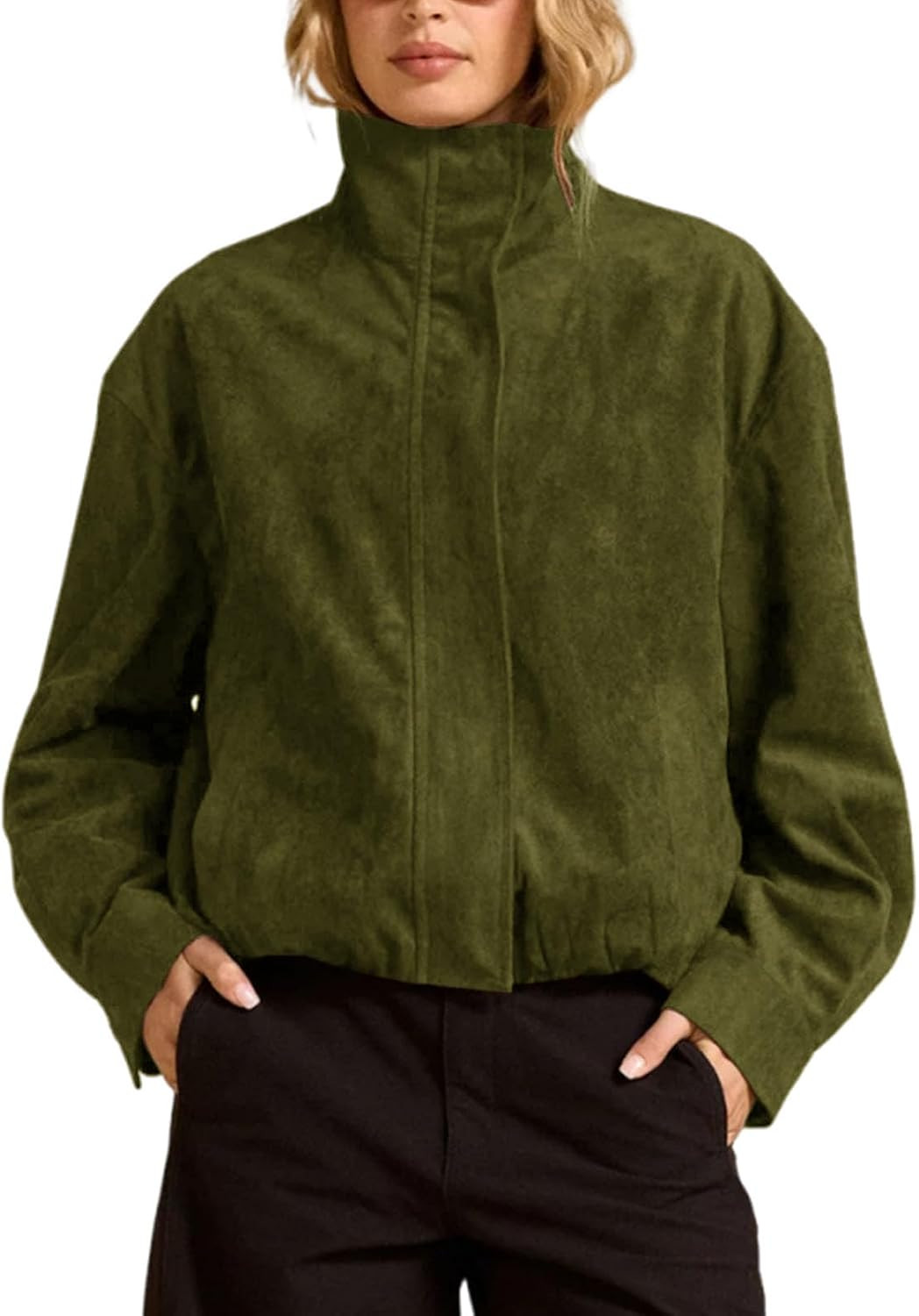 Womens Faux Suede Bomber Jacket Cropped Funnel Neck Fall Coats | Amazon (US)