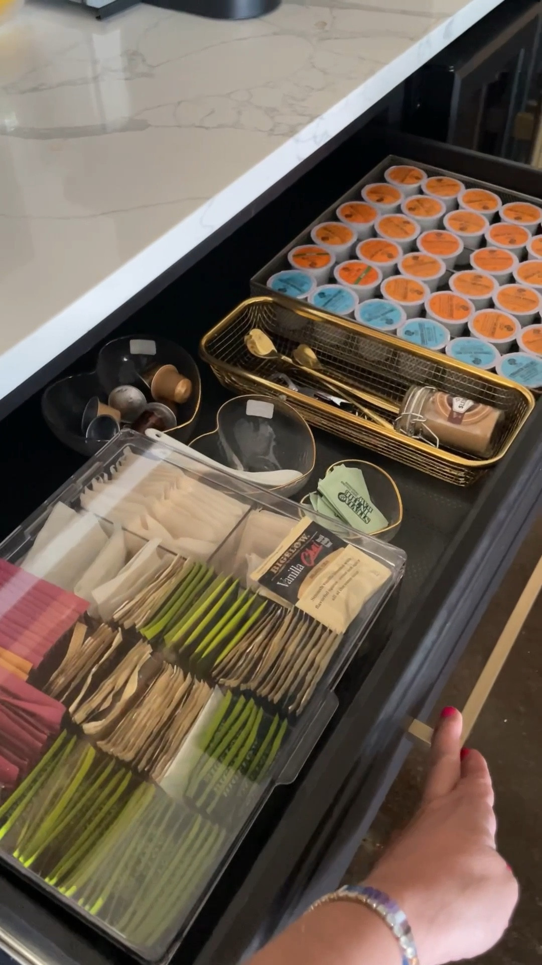 Coffee Bar Styling! Take a cluttered countertop and make a coffee drawer. These  gold mesh trays, tea organizer, heart dishes and gold spoons elevate the look. 

#LTKFindsUnder50 #LTKHome #LTKFindsUnder100