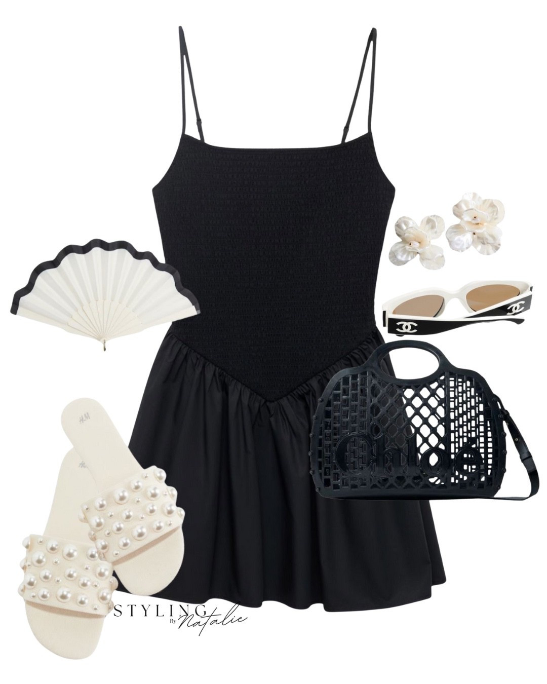 Day dress- Black shirred mini dress, pearl sandals, Chloe cage bag, Chanel sunglasses, pearl flower earrings & fan.
Sundress, LBD, summer dress

#LTKdresses #LTKsummer #LTKuk