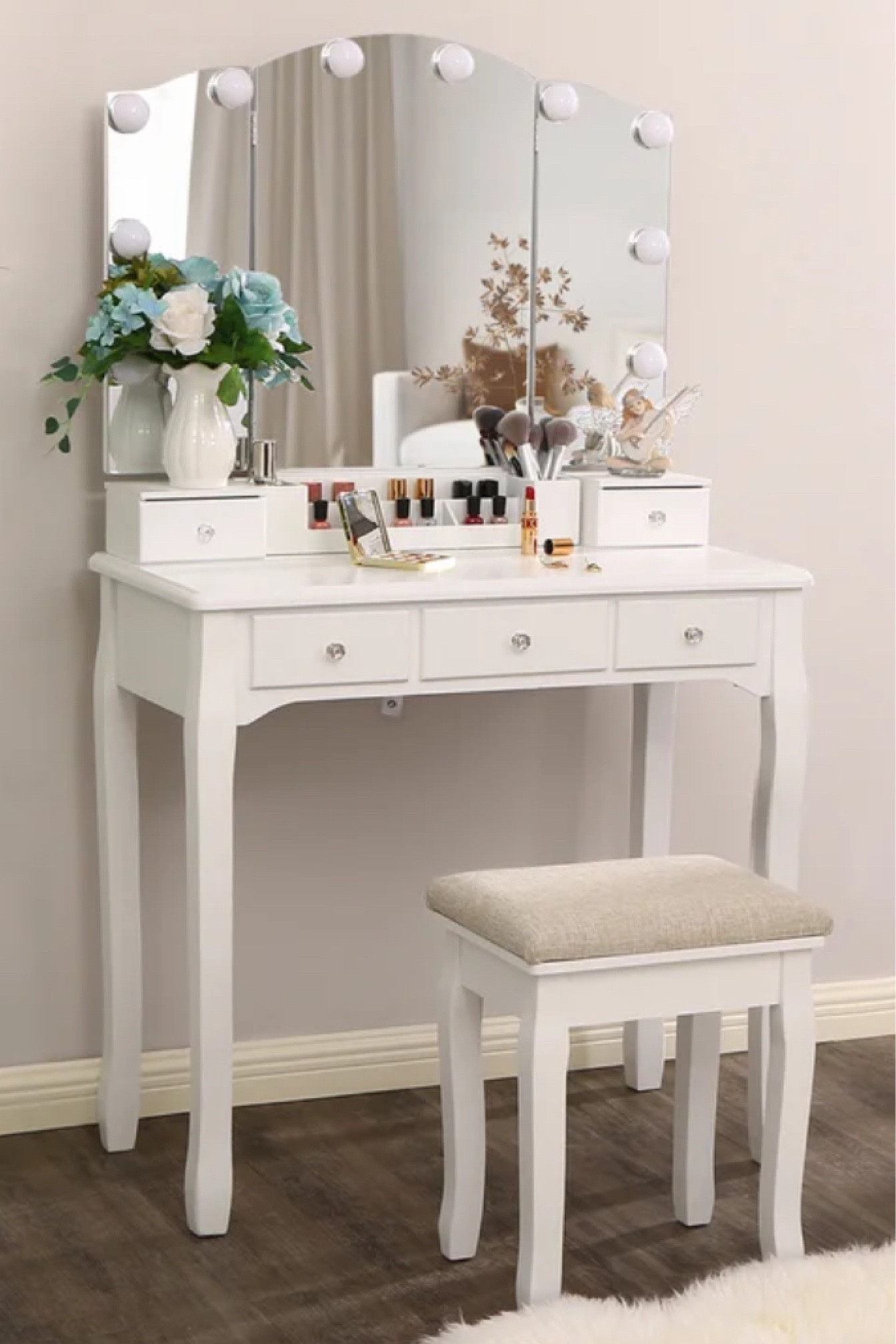 A makeup vanity is a luxury.  A luxury women deserve.  This well priced Hayword Vanity has a trifolding lighted mirror and would be the perfect Valentine’s Day Gift for her #makeup #makeupvanity

#LTKbeauty #LTKSeasonal #LTKsalealert