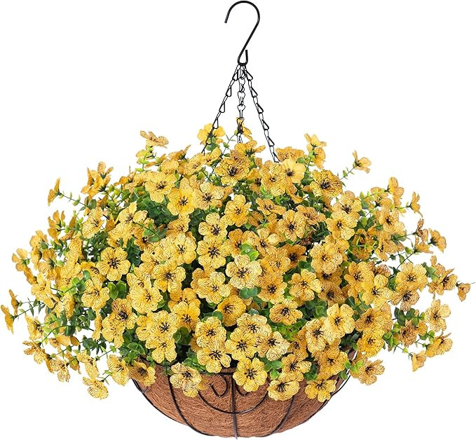 HyeFlora Artificial Fake Fall Hanging Mums Plants Flowers Basket for Outdoor, Autumn Faux Silk Ye... | Amazon (US)