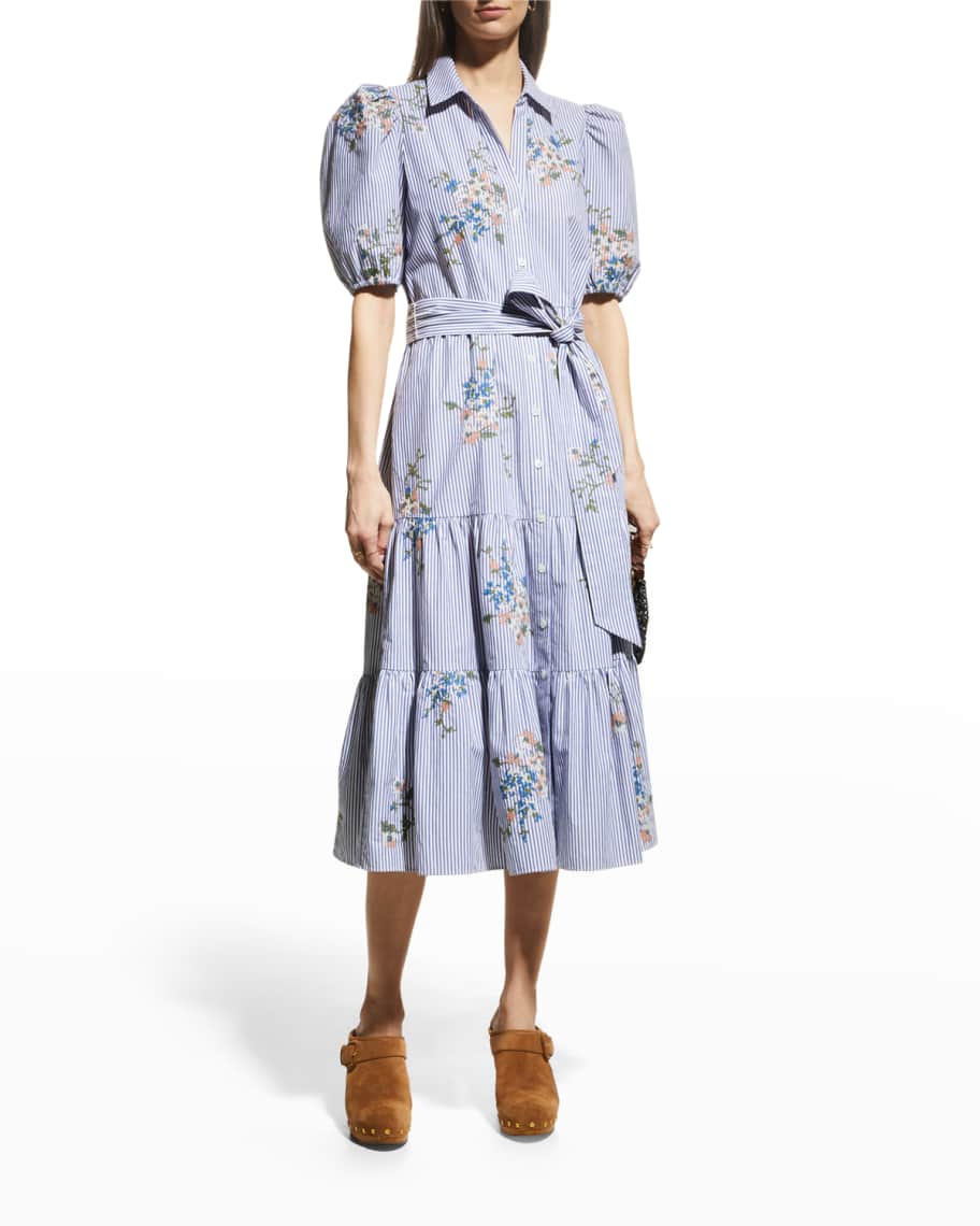 Veronica Beard Eunice Floral Embroidered Striped Button-Front Midi Dress | Neiman Marcus