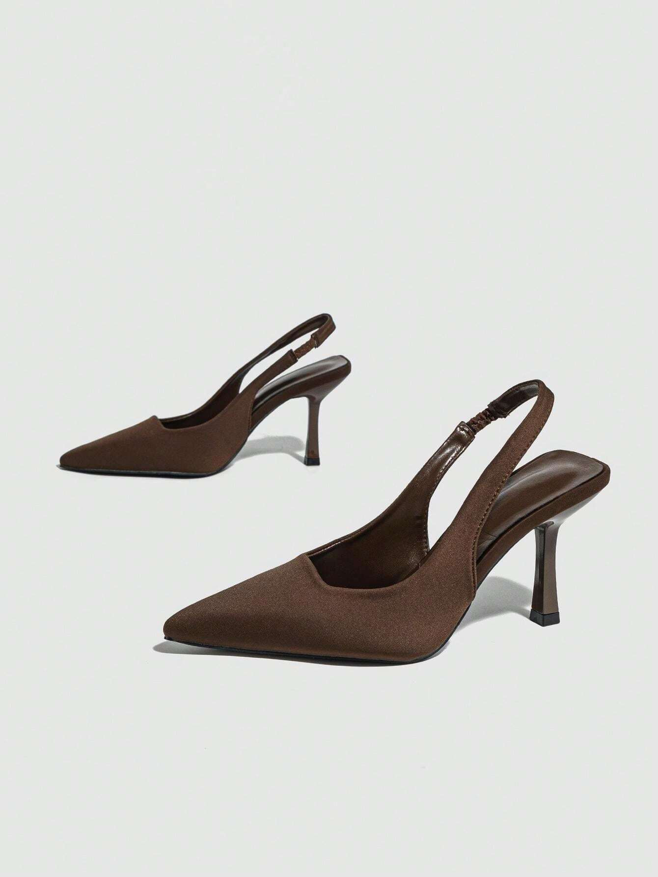 Women's Coffee Brown Pointed-Toe Stiletto Work Shoes, Slingback Back Strap Suede Shallow-Mouth Sp... | SHEIN