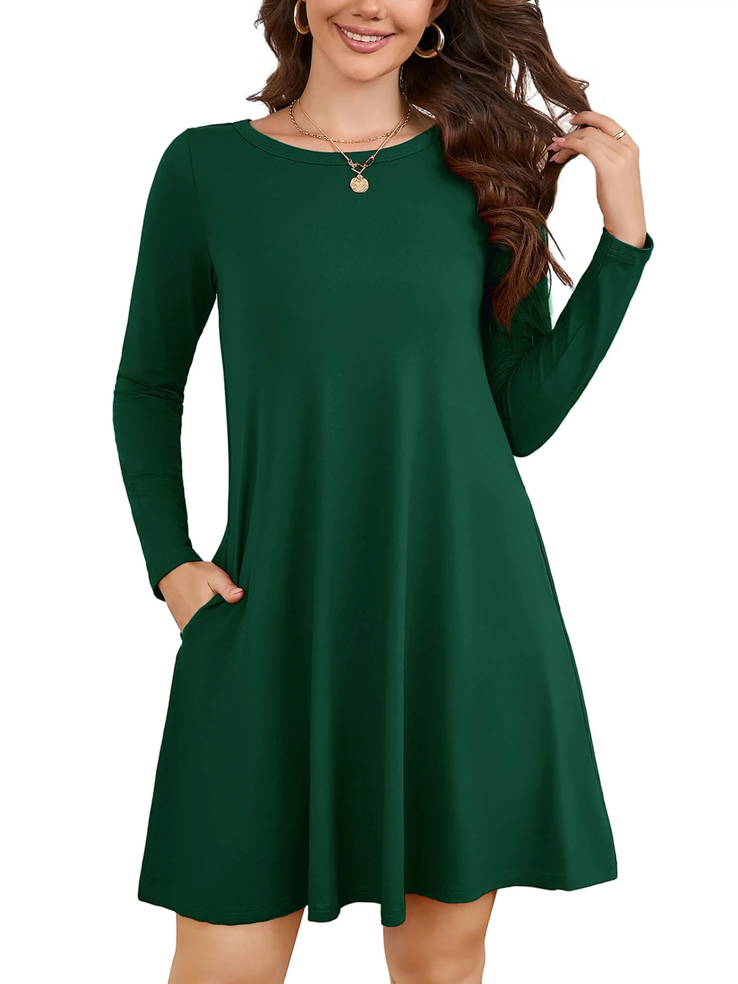Chiclily Women's Long Sleeve Casual Dress Dark Green Large Tunic Dress Loose T-Shirt Dress with P... | Walmart (US)