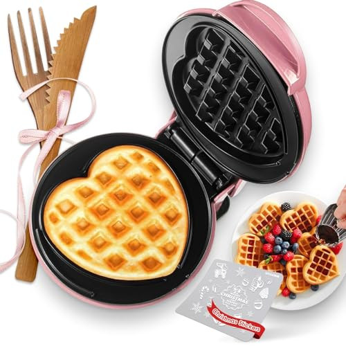 GVAKMM Mini Waffle Maker(Heart),Christmas Small Waffle Maker Keto,Mini Wafflera Iron for Kids Family and Individuals,4'' Non Stick Cooking Plates with Fast & Even Heating(Pink) | Amazon (US)