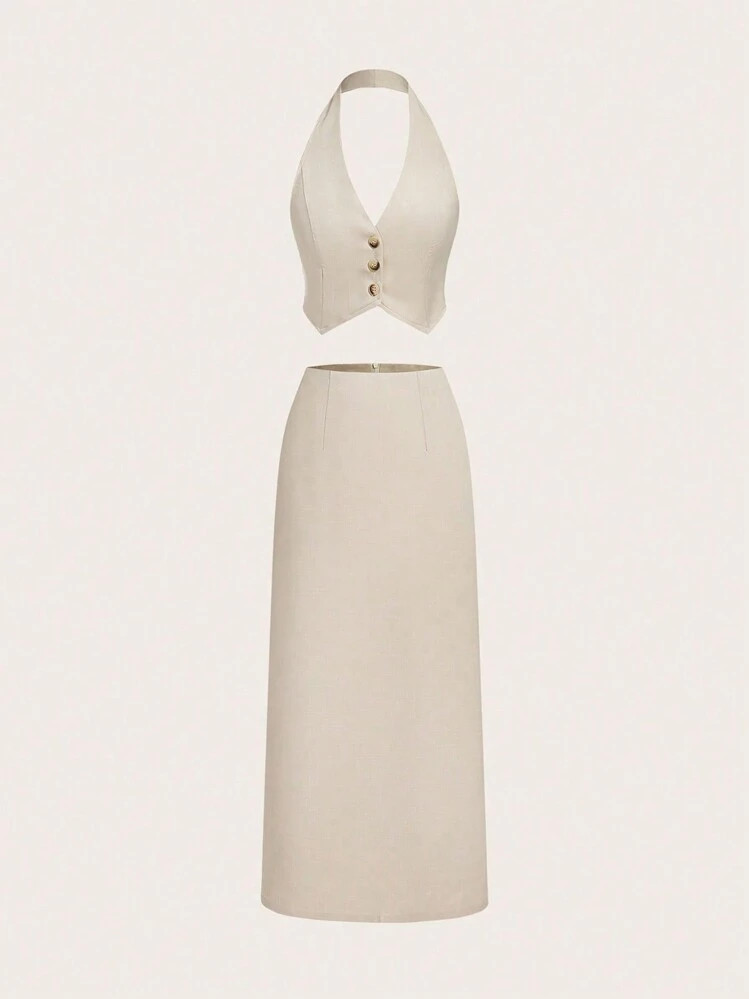 SHEIN MOOSTA Women's Solid Color Slim Fit Halter Vest And Skirt Set | SHEIN
