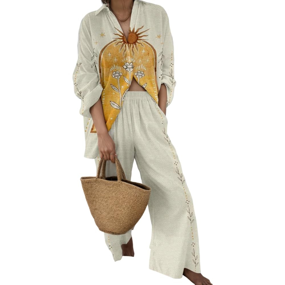 Akivide Womens Beach Vacation 2 Piece Outfits Long Sleeve Button Down Shirts and Matching Drawstr... | Amazon (US)