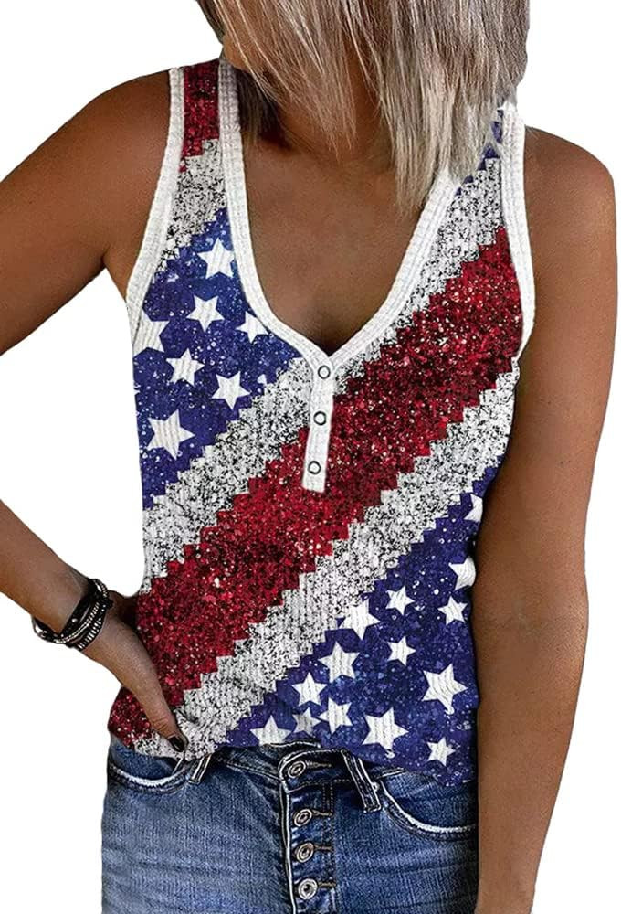 Womens American Flag Button V-Neck Tank Coloful Printed Sleeveless Patriotic Shirts Summer Tops | Amazon (US)