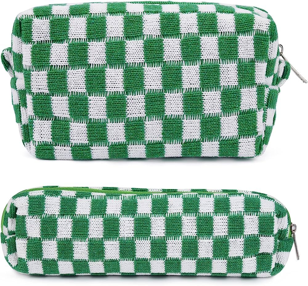 SOIDRAM Makeup Bag Checkered Cosmetic Bag Green Makeup Pouch 1Pcs Large Capacity Makeup Bags and ... | Amazon (US)