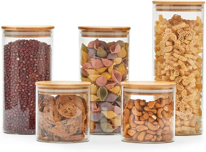 EZOWare 5 Piece Clear Glass Jars Air Tight Canister Kitchen Food Storage Container Set with Natur... | Amazon (CA)