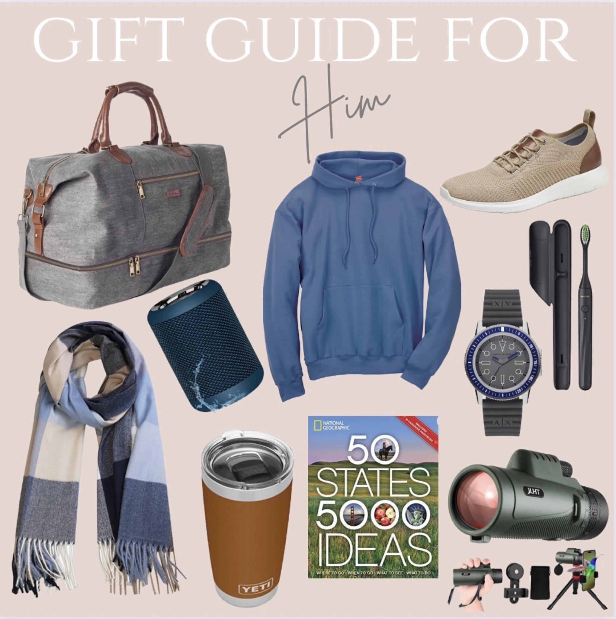 Gift Guide for Him. Mens Clothing. Tumbler. Dress Casual shoes. Adventure book. Weekender bag. Telescope/Smartphone holder and tripod  

Follow my shop @allaboutastyle on the @shop.LTK app to shop this post and get my exclusive app-only content!

#liketkit 
@shop.ltk
https://liketk.it/3VFqf

#LTKHoliday #LTKmens #LTKSeasonal