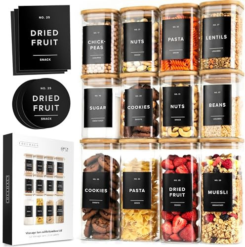 EDELHAUS Square Glass Storage Containers with Bamboo Lids 12-Pack (4x 33.8 oz, 8x 20.2 oz) Airtight Storage Jars with Lids for Food, Stackable Glass Kitchen Canisters with (Black Label) | Amazon (US)