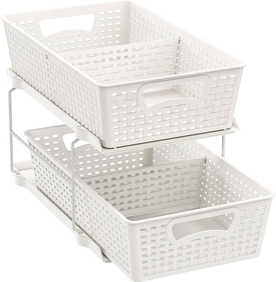 Simple Houseware 2 Tier Bathroom Organizer Tray Pull-Out Sliding Drawer/Under-Sink Storage, White | Amazon (US)
