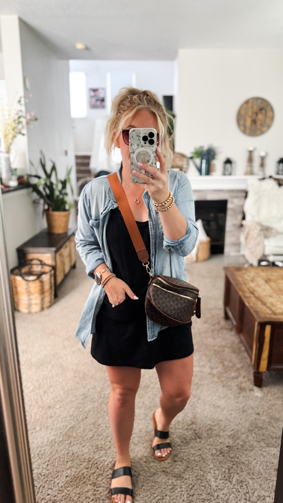 On sale for $14—Casual ootd, black casual dress with built in shorts, chambray button down shirt, checkered crossbody bag, and black sandals (went up half a size) 







outfit inspo, outfit ideas, casual outfits amazon, amazon outfits every day, spring outfits 2026

#LTKSaleAlert #LTKootd #LTKPetite