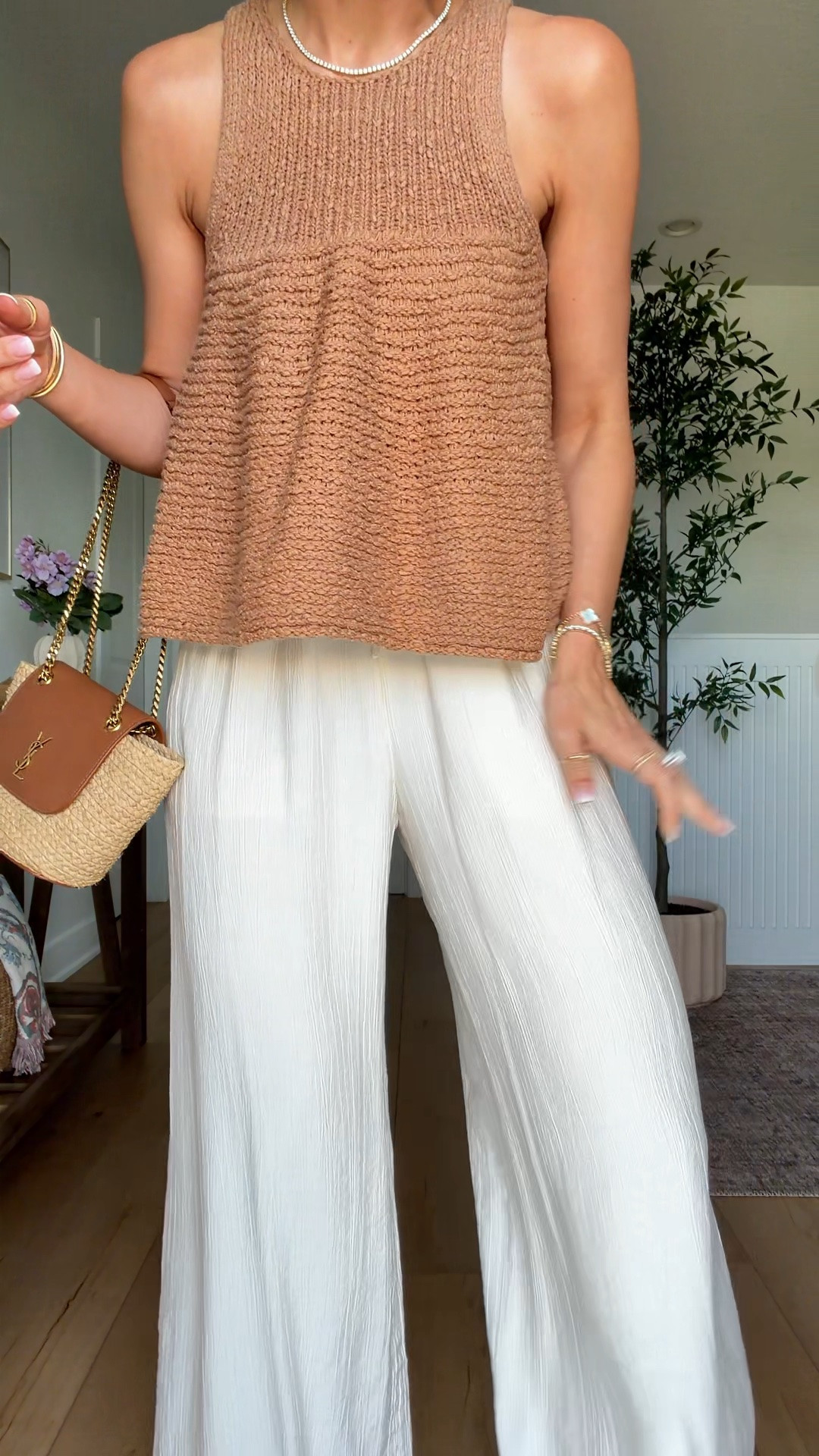 My dinner outfit. Summer outfit. Elevated casual outfit. Resort outfit. Resort wear. Vacation outfit. Europe outfit. New wide leg crinkle pants from Abercrombie in XXS short. Anthropologie sweater tank in XXS. Amazon jelly sandals are TTS. YSL raffia bag.

#LTKootd #LTKTravel #LTKPetite