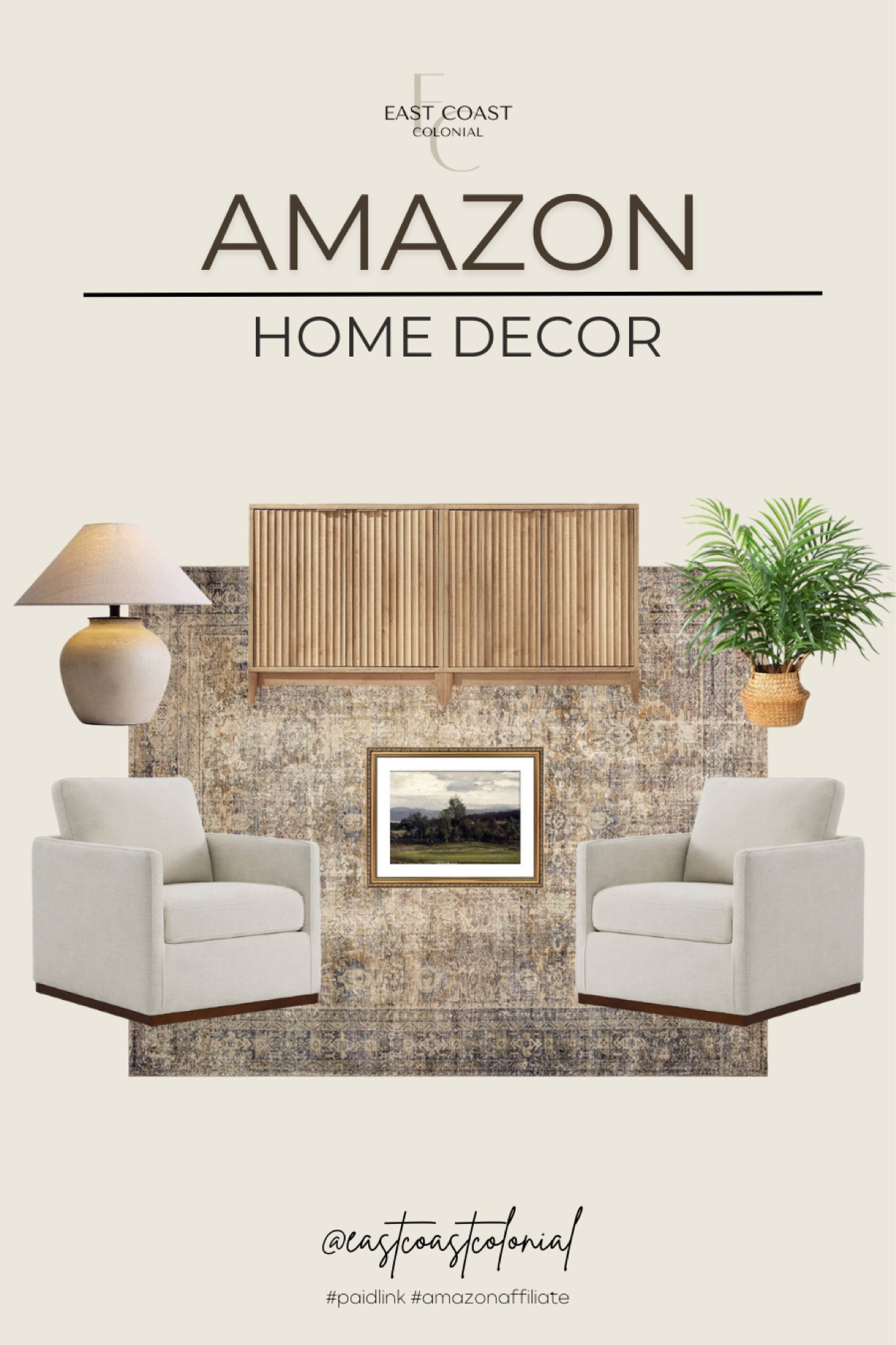 Area rug, lamp, chair, landscape art, faux potted palm plant, cabinet sideboard. 

#LTKHome #LTKSaleAlert #LTKStyleTip