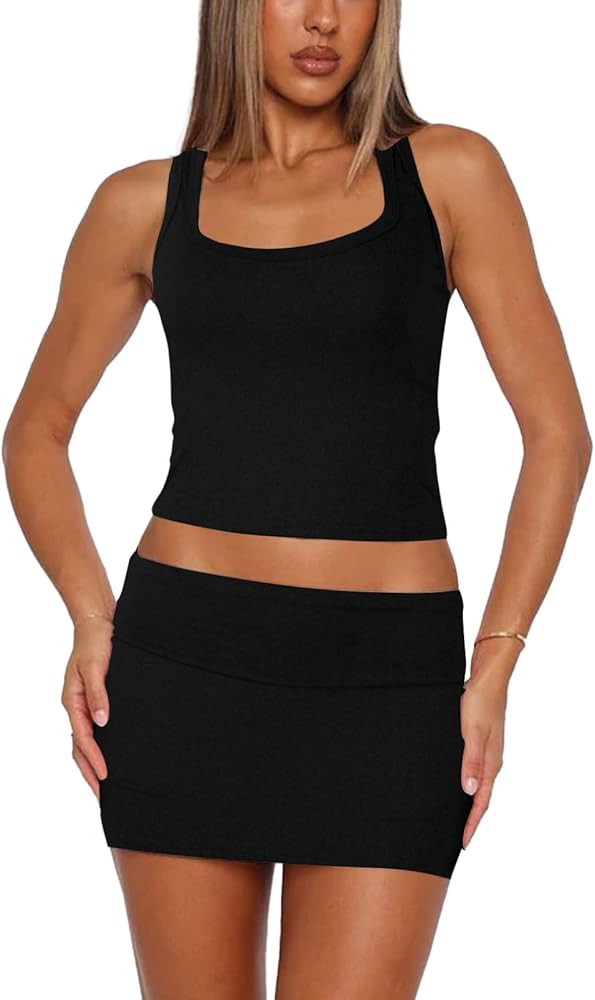 Skirt Sets Women 2 Piece Outfits - Sexy Two Pc Sleeveless Tank Crop Top Fold Over Mini Skort Skir... | Amazon (US)