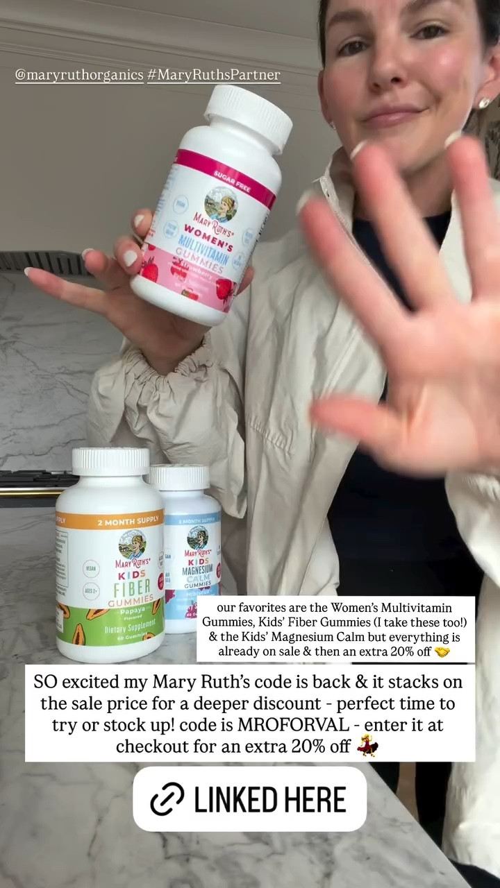 SO excited my Mary Ruth's code is back & it stacks on the sale price for a deeper discount - perfect time to try or stock up! code is MROFORVAL - enter it at checkout for an extra 20% off 💃


our favorites are the Women's Multivitamin
Gummies, Kids' Fiber Gummies (I take these too!) & the Kids' Magnesium Calm but everything is already on sale & then an extra 20% off 🤝