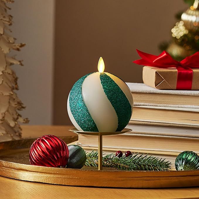 Luminara Candy Cane Green Glitter Stripe Flameless Candle Sphere Moving Flame LED Candle Real Wax... | Amazon (US)