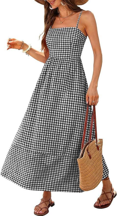 Caracilia Womens Maxi Dresses Gingham Spaghetti Strap Back Smocked Flowy Long Sundress Summer Bea... | Amazon (US)