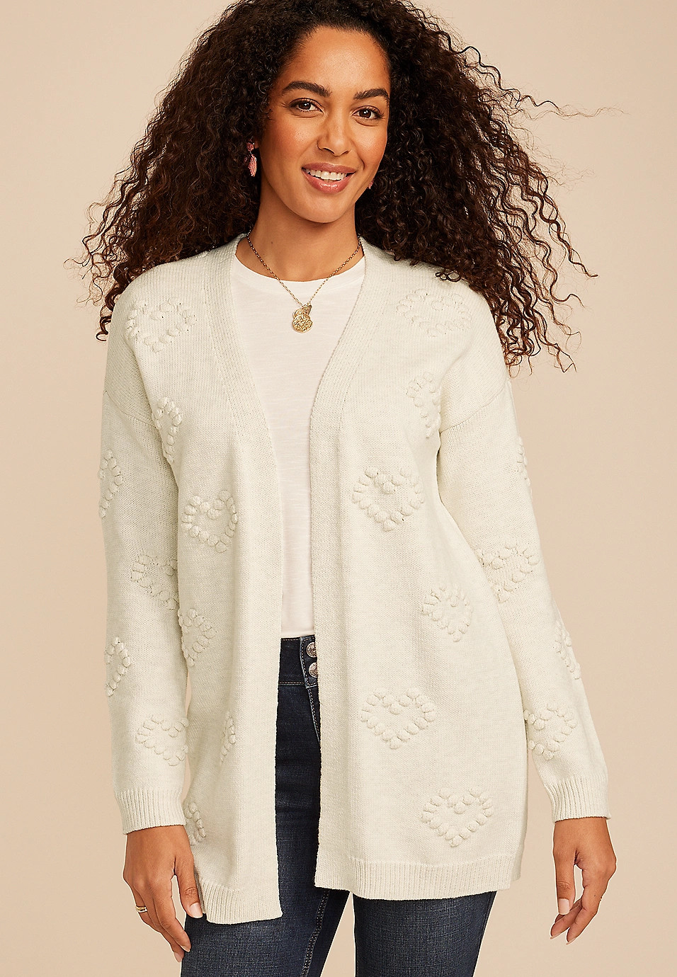 Heart Bobble Open Front Cardigan | Maurices