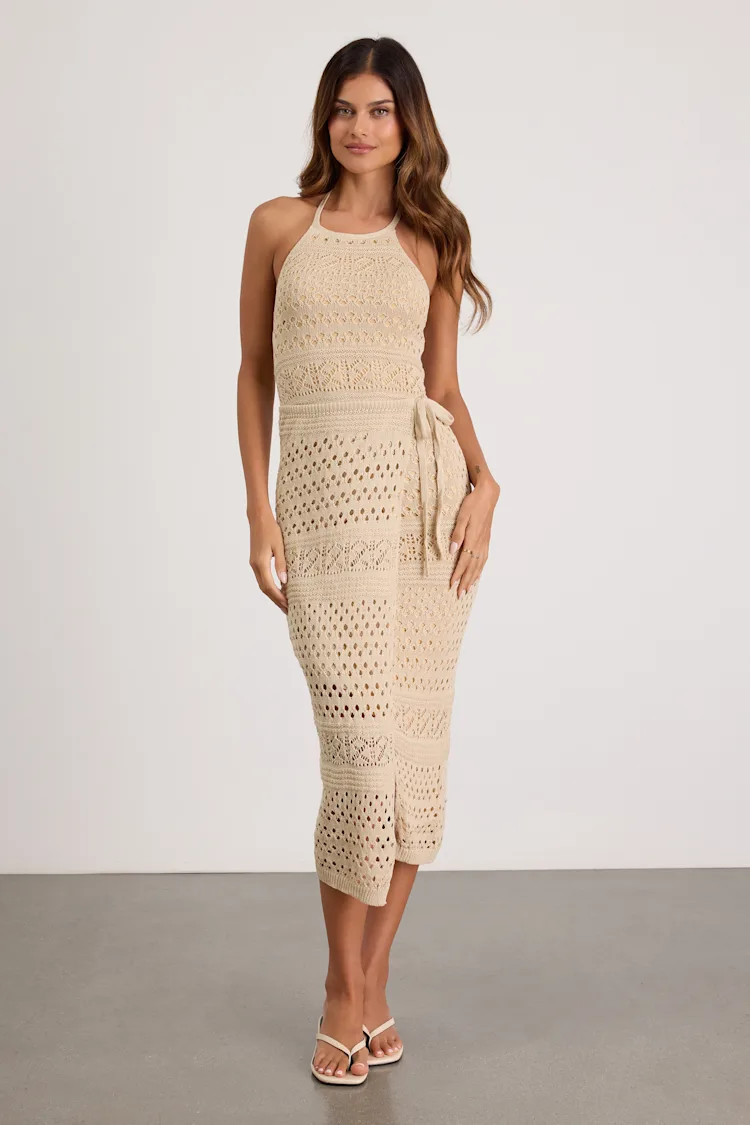 Blissful Strolls Beige Crochet Faux-Wrap Halter Midi Dress | Lulus