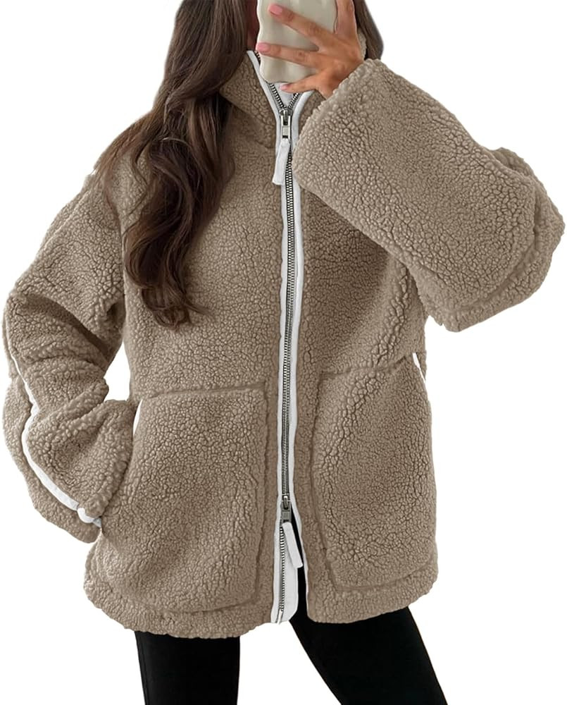 Tankaneo Womens Oversized Sherpa Fleece Jacket Zip Up Teddy Coat Winter Warm Stand Collar Fuzzy O... | Amazon (US)