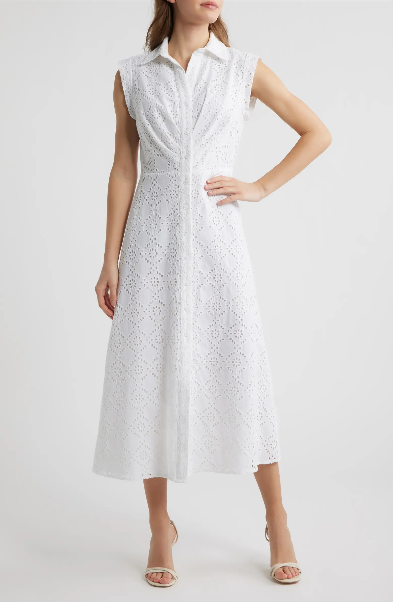 Anne Klein Eyelet Embroidery Sleeveless Shirtdress | Nordstrom | Nordstrom