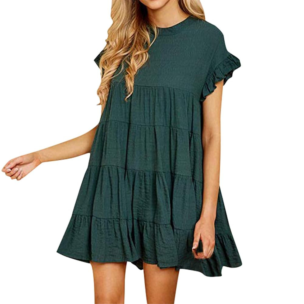 2023 Women's Ruffle Sleeve Round Neck Mini Dress Summer Casual Solid Loose Short Flowy Pleated Dr... | Amazon (US)
