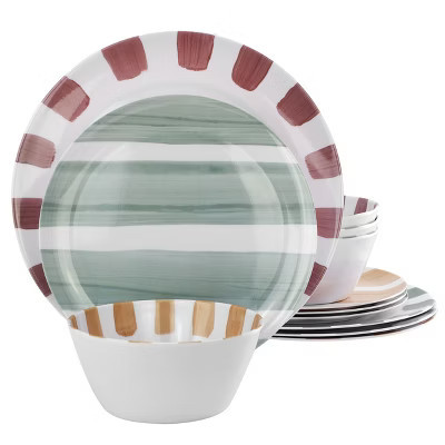 Gibson Home Cottage Stripes 12 Piece Melamine Dinnerware Set in White and Multi | Target