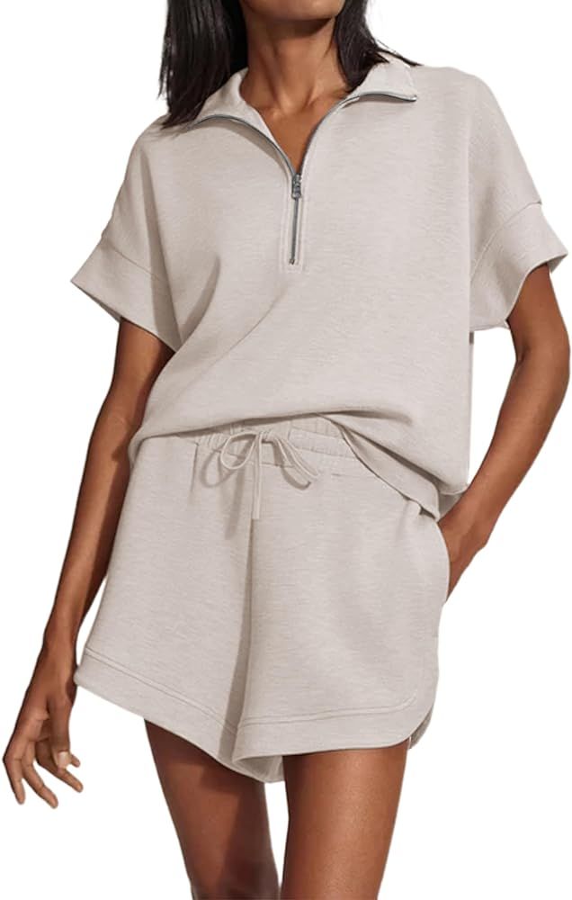 SAFRISIOR Women 2 Piece Outfits Tracksuit Half Zip Short Sleeve Sweatshirt Top Drawstring Shorts ... | Amazon (US)