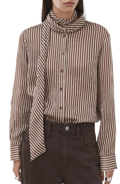 MANGO Stripe Tie Neck Top in Brown at Nordstrom, Size 4 | Nordstrom