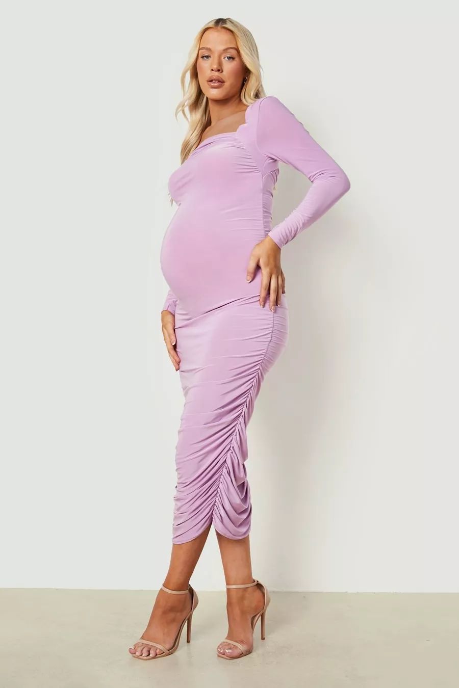 Maternity Square Neck Slinky Ruched Midi Dress | Boohoo.com (US & CA)