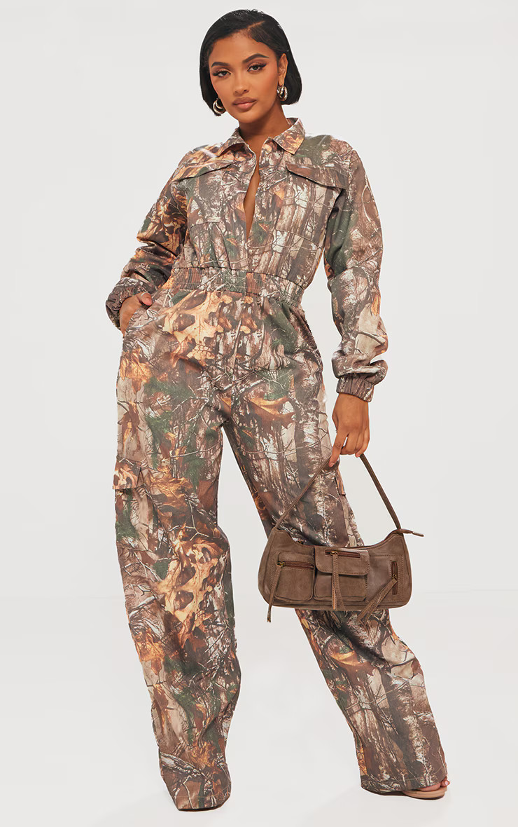 Shape Khaki Camo Printed Elasticated Waist Jumpsuit | PrettyLittleThing US