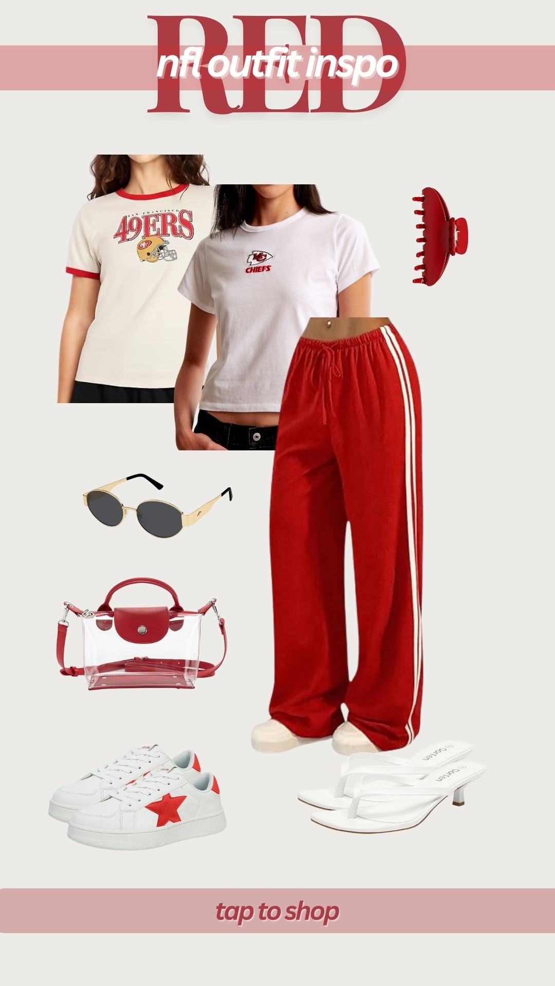 NFL game day outfit, football game outfit, blue and red outfit, red sports team outfit, Kansas City chiefs outfit, Arizona cardinals outfit, Atlanta falcons outfit, Buffalo bills outfit, Houston Texans outfit, New England patriots outfit, San Francisco 49ers outfit, tampa bay buccaneers outfit