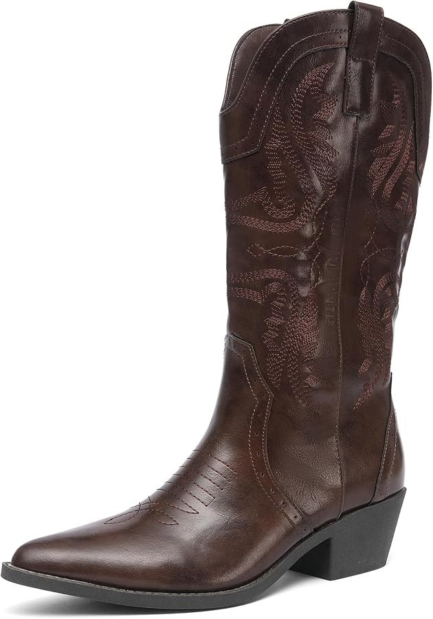 NEWBELLA Cowboy Boots for Women Pointed Toe Western Cowgirl Mid Calf Boots with Chunky Block Heel | Amazon (CA)