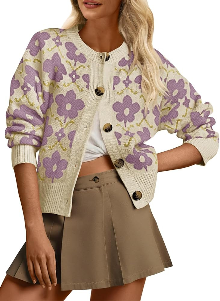 Saodimallsu Womens Floral Cardigan Sweaters Long Sleeve Open Front Button Down Knit Retro Sweater... | Amazon (US)