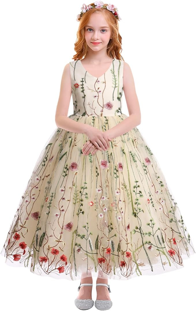 Floral Embroidered Tulle Dress Girls Sleeveless Birthday Wedding Pageant Party Formal Long Tutu D... | Amazon (US)