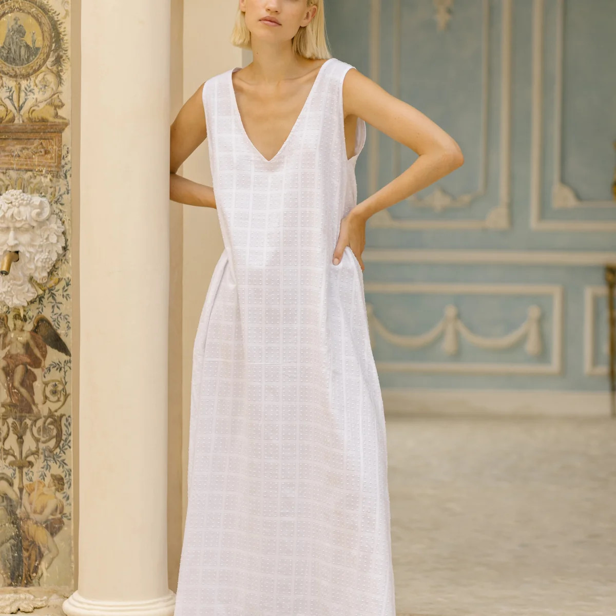 White Square Dot Gili Maxi Dress | Cotton Bump Friendly Dress for Baby Showers & Weddings | Puka ... | Puka The Label