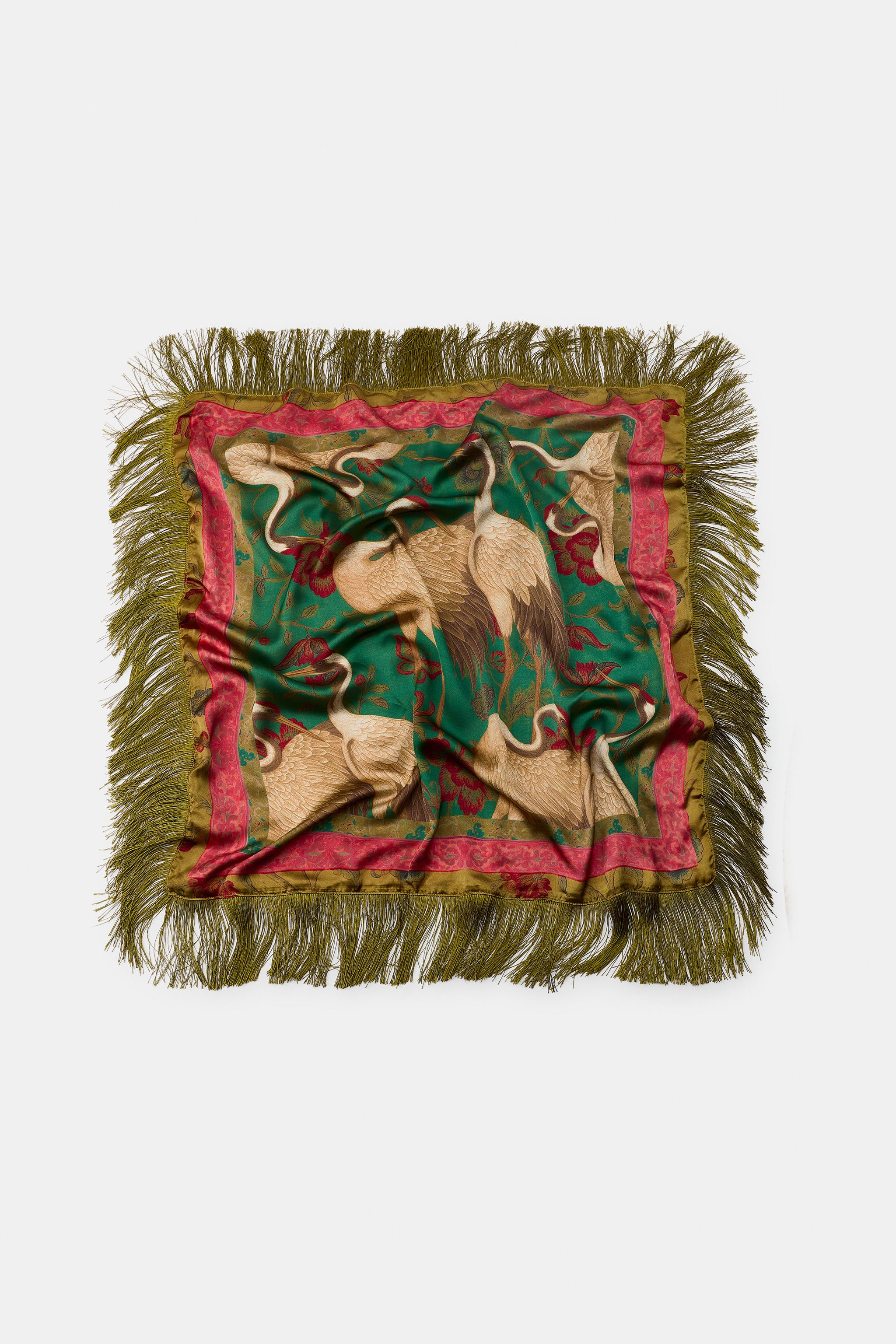 FRINGED PRINTED SATIN SCARF | Zara US