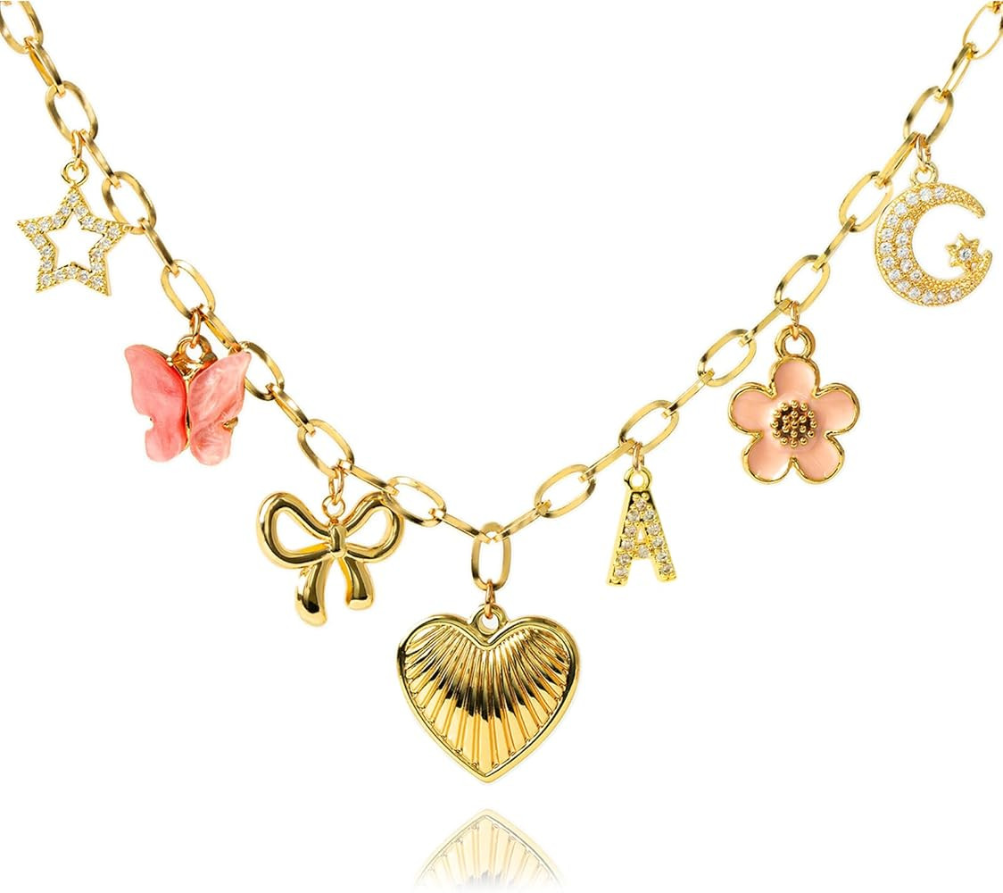 Initial Charm Necklace for Women, Heart Letter Necklace Gold Charms Pendant Bow Pink Butterfly Fl... | Amazon (US)