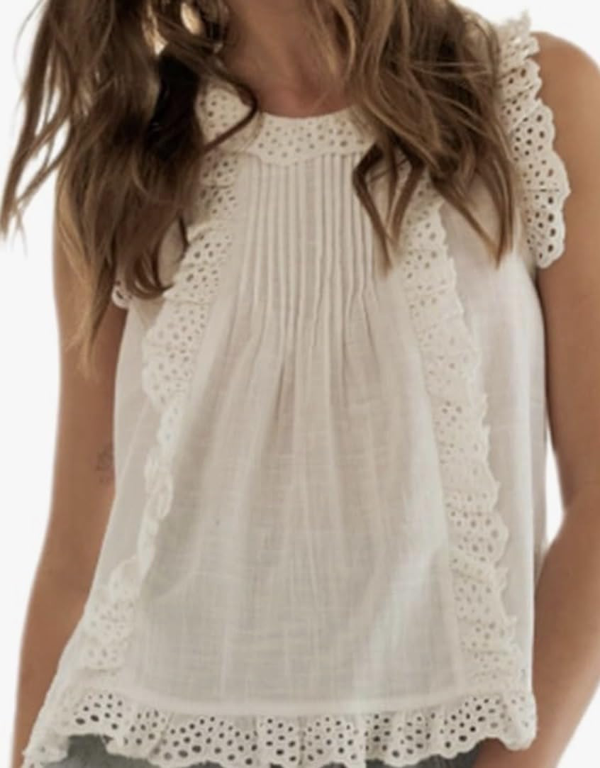 Women Cute Cutout Eyelet Tank Top Fairy Cottagecore Sleeveless Scallop Trim Pleated Peplum Camiso... | Amazon (US)