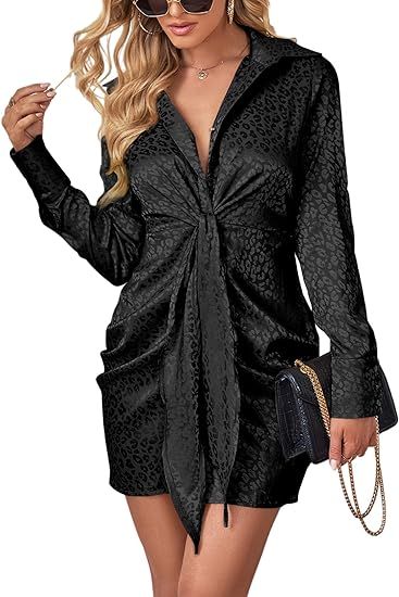 LYANER Women's Leopard Satin Deep Collar V Neck Tie Front Long Sleeve Mini Party Dress | Amazon (US)