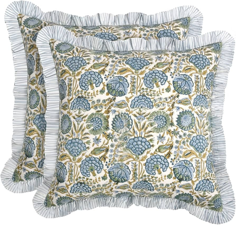 Ridhi Block Print Asparagus Green Throw Pillow Cover 18" x 18" (Pack of 2) Decorative Cushion Cov... | Amazon (US)
